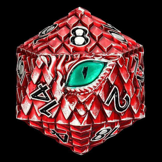 Dragon Eye Scale DND Metal Dice,33mm 20 Sided Giant D20, Large Polyhedral Dice, D&D Metal Dice Set for Dungeons and Dragons, RPG, MTG & Tabletop Games(Red with Green Eye)