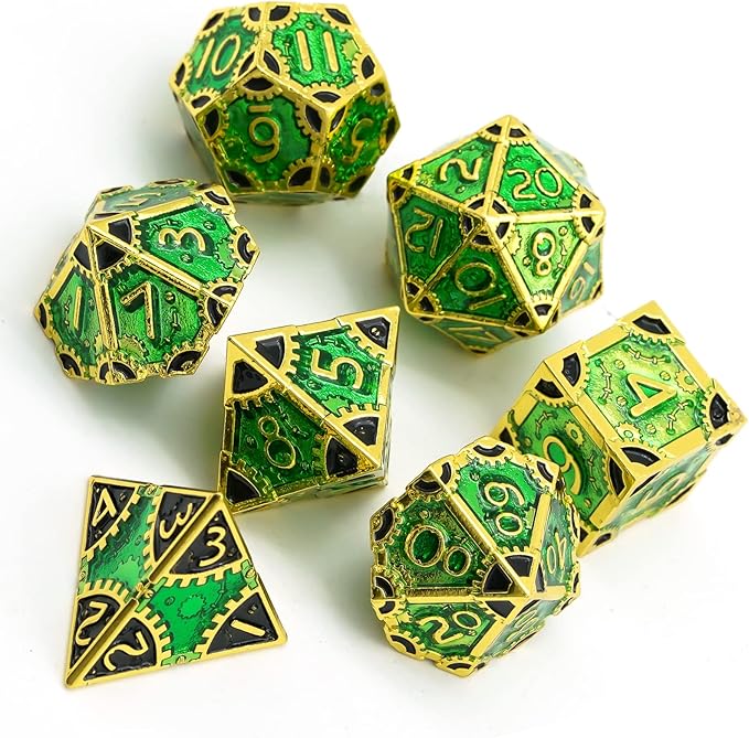 UDIXI Steampunk Metal Dice Set: 7 Die Polyhedral DND Dice Set D&D Dice for Dungeons and Dragons Role Playing Game (Gold-Green Black)