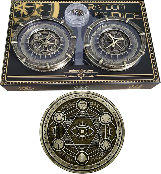 7-in-2 Random King Metal DND dice Spinner for Board Games, Maggie d&d dice Set D20 D12 D10 D% D8 D6 D4, Support 30+ Gameplay Options