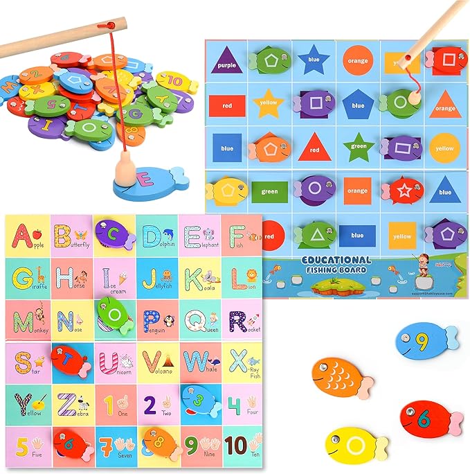 Magnetic Wooden Fishing Game – Interactive ABC Alphabet, Numbers, Shapes & Colors 4-in-1 Learning Board | Montessori Educational Toy for Kids | Complete Set with 36 Fish, 2 Poles & Wooden Board