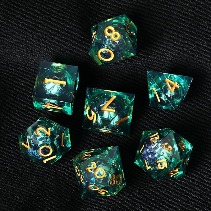 Handmade Skull Resin DND Dice Set 7-Piece Sharp Edge Polyhedral Dice for RPG & Dungeons and Dragons (Green Gold)