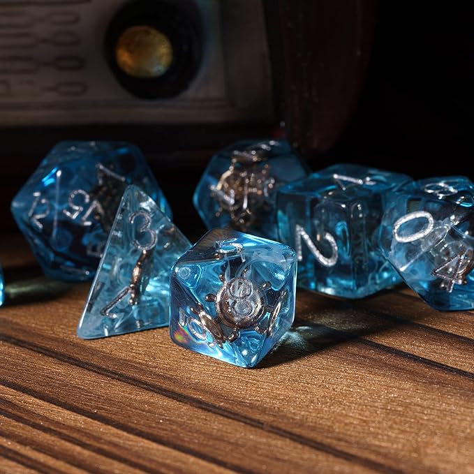 UDIXI 7PCS Polyhedral Dice Set D&D Filled with Rudder, Blue DND Dice with White Floating Silk for Dungeons and Dragons RPG and Other Tabletop Games