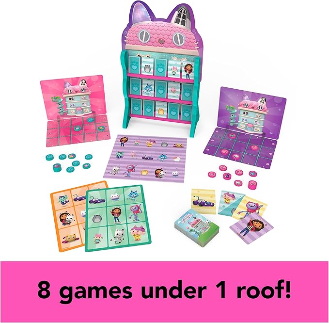 Gabby’s Dollhouse, Games HQ Checkers Tic Tac Toe Memory Match Go Fish Bingo Cards Board Games Toy Gift Netflix Party Supplies, for Kids Ages 4 and up