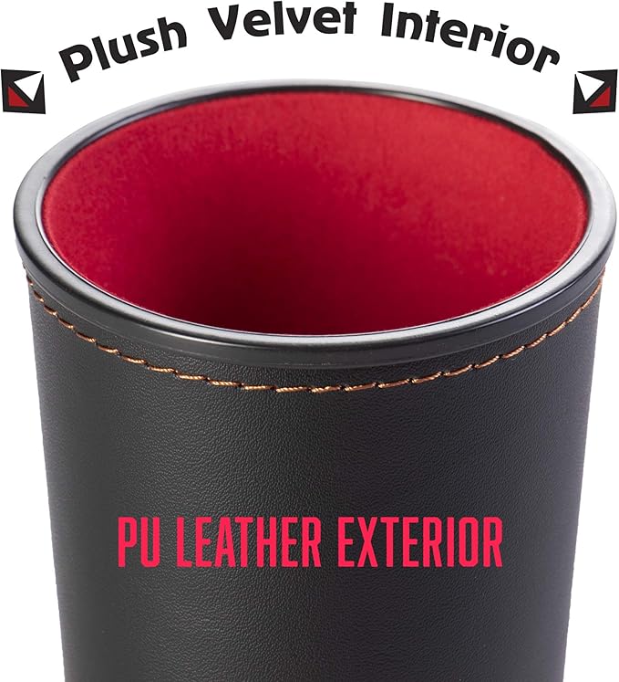 5 Leather Dice Cups and 25 Bullseye Dice by Bullseye Game Night | Classic Dice for Farkle, Liar's Dice, Bunco | Black and Red