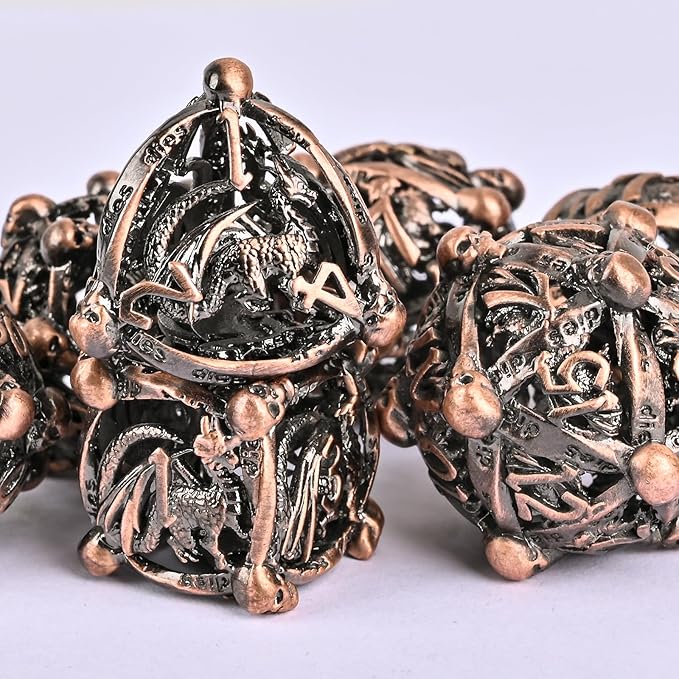 DND Metal Dice Set, UBEUCK 7PCS Gear Metal DND Dice Set for Dungeons & Dragons Board Games Boxes (Ancient red Copper dice)