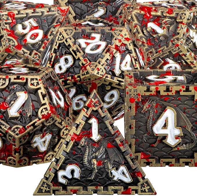 ARUOHHA Metal Blood DND Dice with Gift Box, Bronze Dragon Design Large Polyhedral Dice RPG Role Playing Games D and D D20 D12 D10 D8 D6 D4