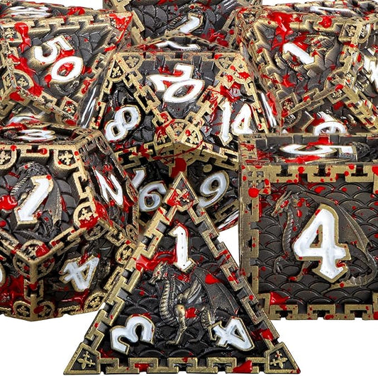 ARUOHHA Metal Blood DND Dice with Gift Box, Bronze Dragon Design Large Polyhedral Dice RPG Role Playing Games D and D D20 D12 D10 D8 D6 D4