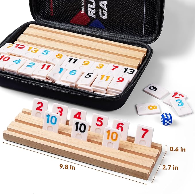 Rummy Cube Game Set with 4 Wooden Racks,106 Rummy Tiles and Portable Case,Classic Travel Board Games for Family Adults and Kids