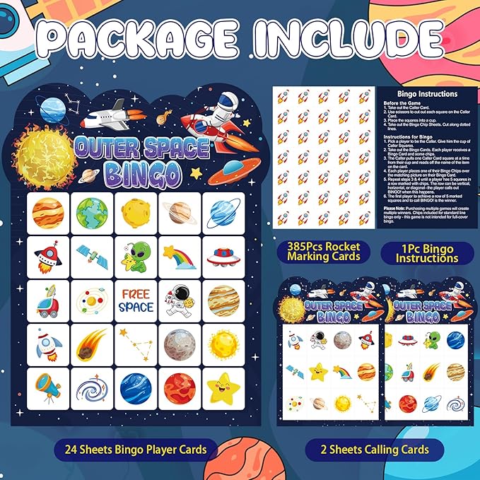 Space Bingo Game, 24 Players Outer Space Bingo Cards for Birthday Party Family Friends Large Group Activities