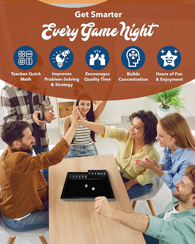 WE Games Wooden Shut The Box - Close The Box Set Pub Game with 12 Number Tiles & 2 Dice Games - 13.5” Black Stained Finish, for Adults