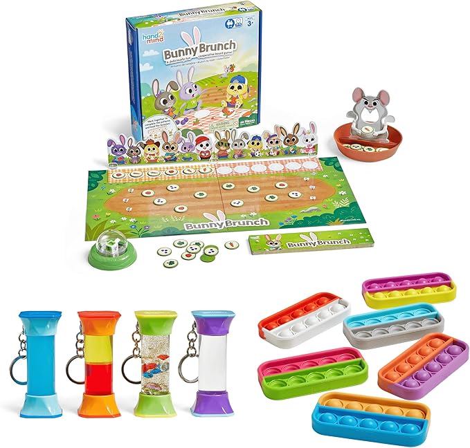 hand2mind Easter Basket Stuffer Bundle - Bunny Brunch Board Game, Soothing Swirlers Fidget Tubes, and Ten Frame Sensory Bubble Poppers