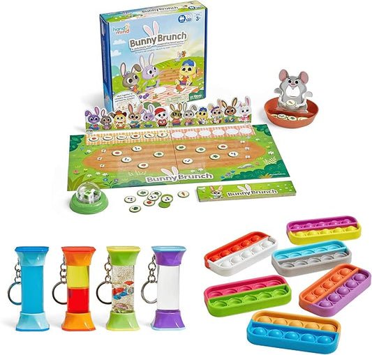 hand2mind Easter Basket Stuffer Bundle - Bunny Brunch Board Game, Soothing Swirlers Fidget Tubes, and Ten Frame Sensory Bubble Poppers