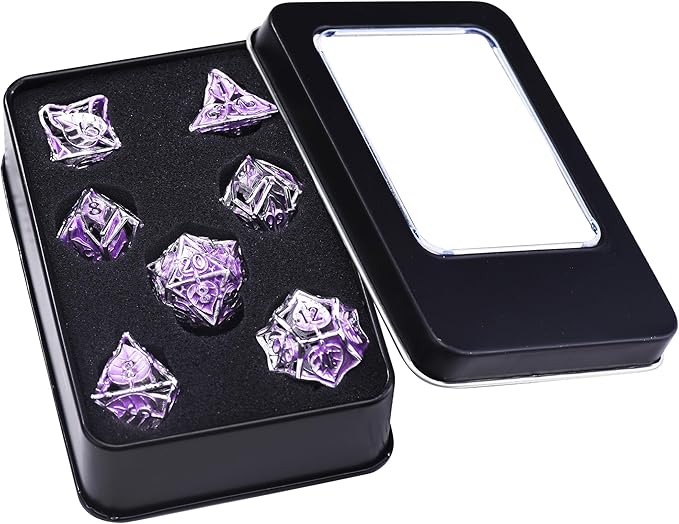 AUSTOR Metal Maple Leaf DND Dice Set 7 Pieces Hollow Polyhedral Dice D20 D12 D10 D% D8 D6 D4 Copper Dice with Metal Box for Dungeons & Dragons RPG Board Games (Violet & Silver)