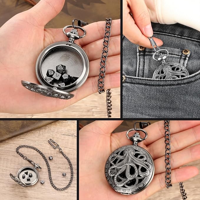 Mini DND Dice Set Steampunk Hollow Octopus Pocket Watch Shell Case, 7pcs Polyhedral Metal D&D Dice Set, DND Gifts with Gift Box, Role Playing Board Games Accessories Dark Silver