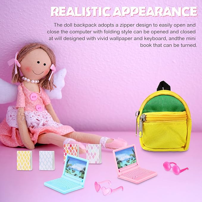 20 Pieces Doll Backpack Set Dollhouse School Accessories Doll Travel Supplies Include Mini Laptop Scene Simulation Backpack Bag with Zipper Mini Headsets Toy Sunglasses Book for 1/12 1/6 Scale