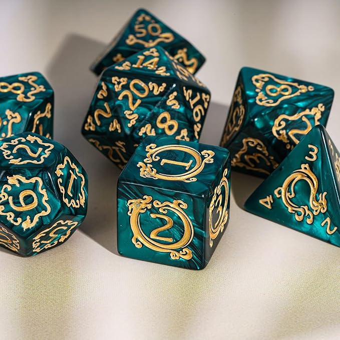 7-Die DND Dice Set Dragon Pattern Polyhedral Dice Set with Leather Bag D&D Dice Set for Dungeons and Dragons RPG MTG Table Games (Green W/Gold Dragon Pattern)