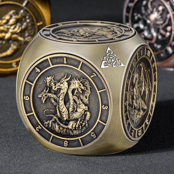 7 in 1 Spinner DND Dice Set, Metal D and D Dragon Dice with Gift Box, Role Playing Dice, Bronze