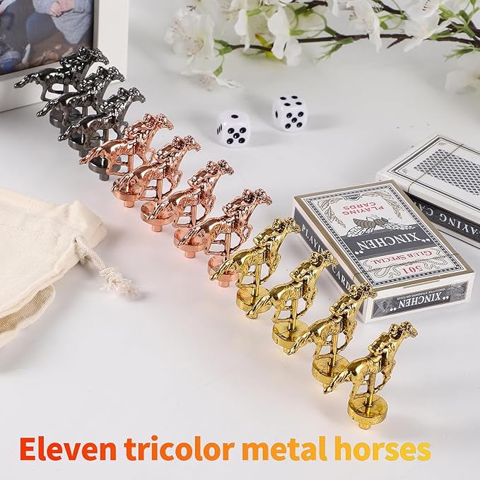 Horse Race Board Game Finish Line Racing Game with 11 Luxurious Metal Horses with 4 Dice and 2 Boxes of Cards Solid Wood Horse Racing Game Board Color Box Packaging (Small, Log Color)