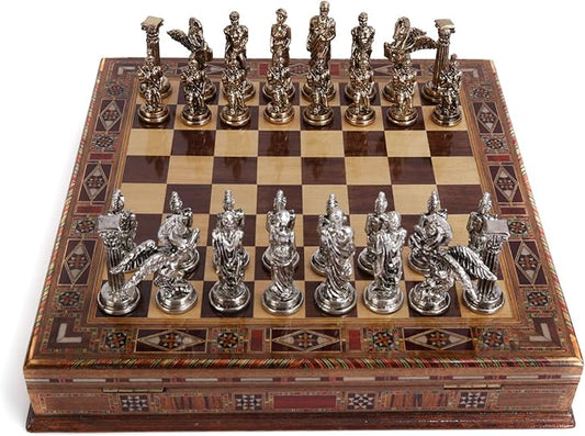 Medium Mythologic Pegasus Metal Chess Set for Adults,Handmade Pieces and Natural Solid Wooden Chess Board with Storage Inside King 3.35inc