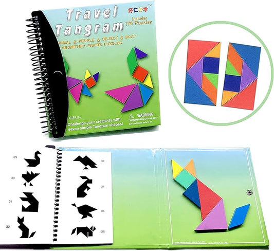 Travel Tangram Puzzle - Magnetic Pattern Block Book Road Trip Game Jigsaw Shapes for Kids Adult Challenge IQ Educational Toy Gift Brain Teasers-2 Set of Tangrams