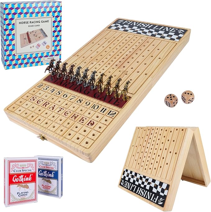 Large 23 inches Horse Race Board Game, Premium Durable Foldable Wooden Box, Horse Racing Game with 11 Retro Metal Horses, 2 Dices and 2 Playing Cards Fun Family Night Games for Adults Kids