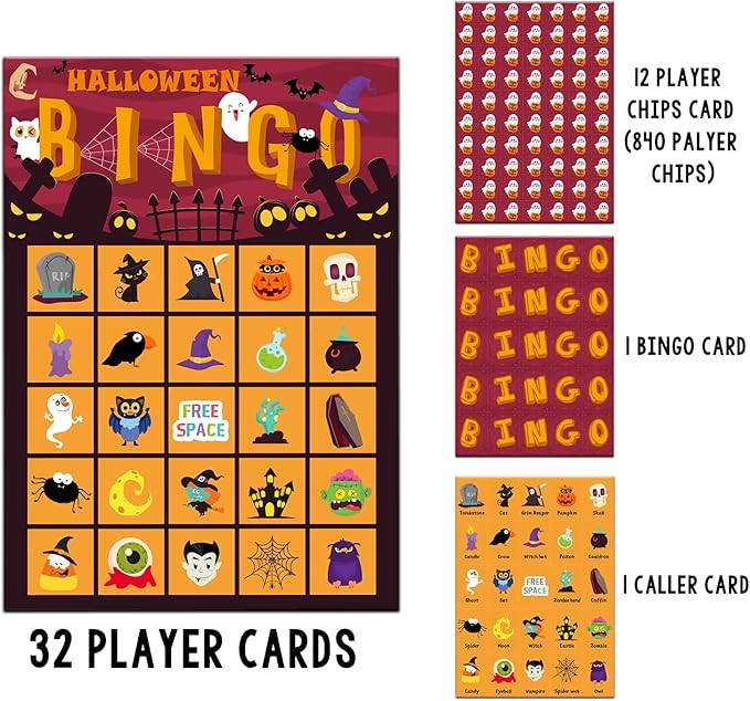 KIMOBER Halloween Bingo Game Cards,32 Players Halloween Party Games for School Classroom Family Activities