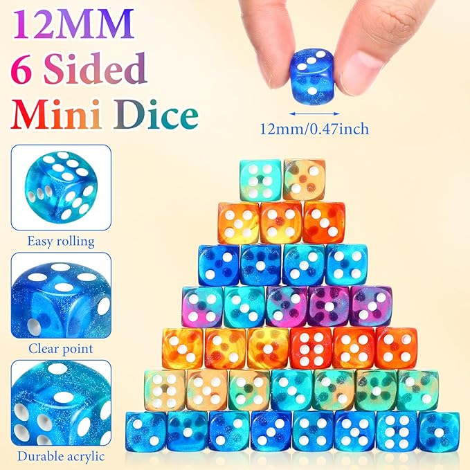 144 Pieces 12mm 6 Sided Mini Dice Set for School Classroom Table Games D6 Game Standard Dice with Portable Plastic Box for Bunco or Teaching Math Learning (Luminary Color)