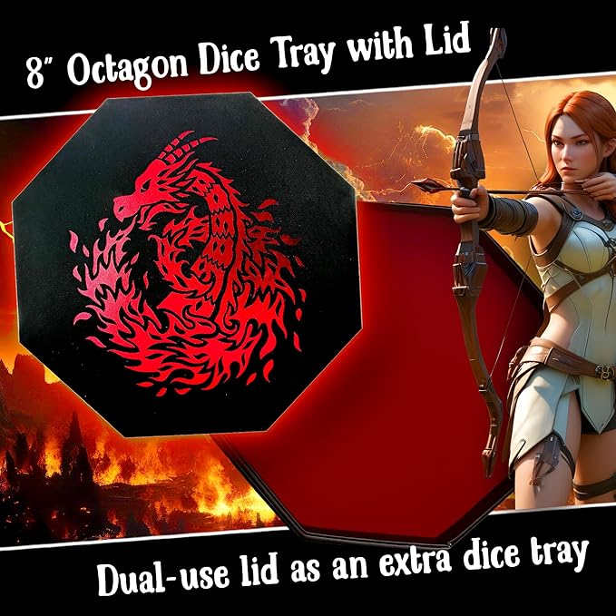 Red Fire Dragon Dice Tray with Wizard Book Print – 9" Octagon with Dice Staging Area, Holds 5 Dice Sets – Perfect for D&D, Call of Cthulhu, Shadowrun, and All Tabletop RPGs