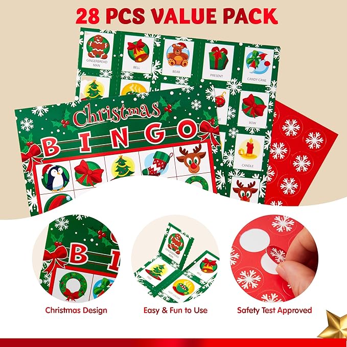 JOYIN 28 Players Christmas Bingo Cards (5x5) for Kids Xmas Party Supplies Goodies Games, Kids School Classroom Goody Gift Filler Stuffers, Indoor Family Activities (Christmas)