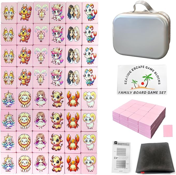 40mm Big Seaside Escape Game Blocks Mahjong Sets with 49 Pink Big Tiles 12 Constellation Pattern with Iron Tin Box.