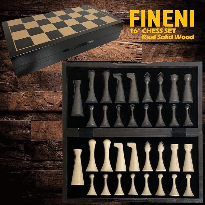 Luxurious 16 inch Real Luxurious Dark Colored Solid Wooden Chess Set. Durable Handmade Chess Board Game Sets with Storage Slots for 4.2” Weighted & Elegant Designed Wooden 34 Pieces (C16D)