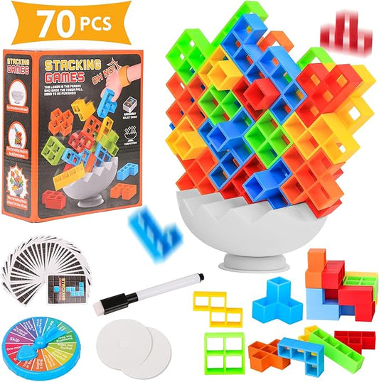 Tetra Tower Stack Game, Balance Stacking Blocks Board Games for Kids & Adults, Fun for Classroom, Dorm, Party (70pcs)