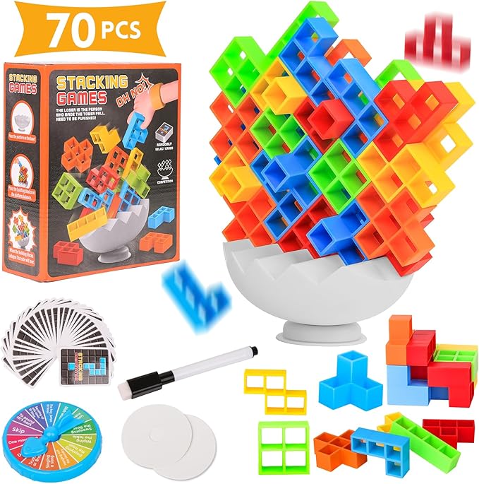 Tetra Tower Stack Game, Balance Stacking Blocks Board Games for Kids & Adults, Fun for Classroom, Dorm, Party (70pcs)