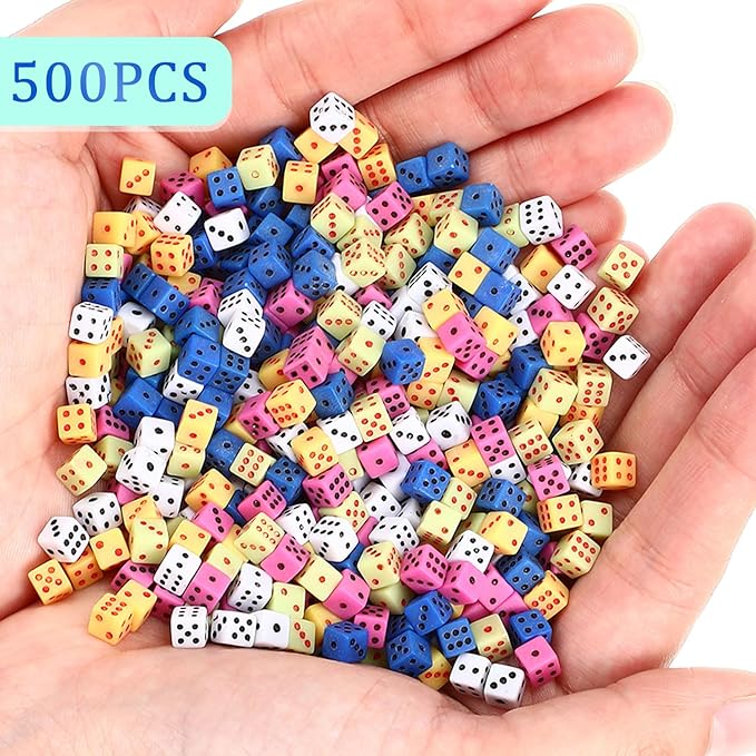 Poen 500 Pieces Mini Dice with Portable Plastic Box Casino Game 6 Sided Small Dice, 5mm Bulk Tiny Colored for Casino Night Parties Board Games Early Elementary Math Learning