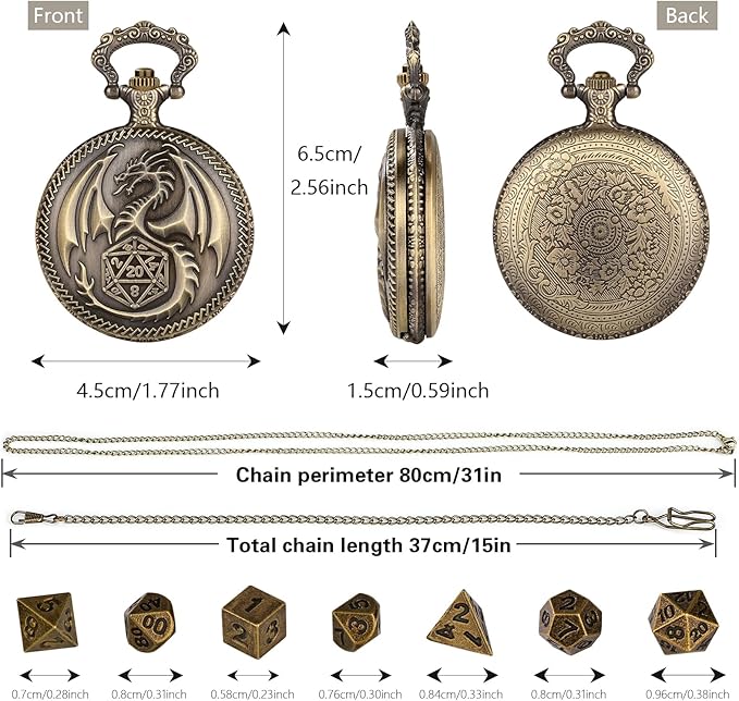 Mini DND Dice Set Steampunk Dragon Pocket Watch Shell Case, 7pcs Polyhedral Metal D&D Dice Set, DND Gifts with Gift Box for Men Women, Role Playing Board Games Accessories, Bronze