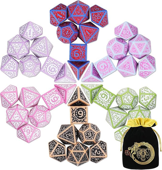 CiaraQ DND Polyhedral Dice Set (42pcs) with A Gold Pattern Drawstring Bag for Dungeons and Dragons RPG MTG Table Games. 6 Sets Fantasy Role Playing Dice Set