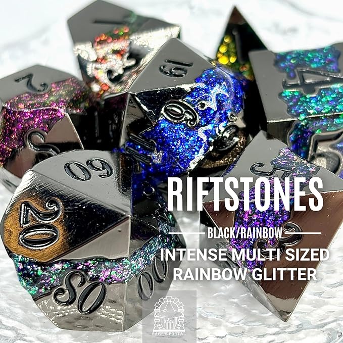 Sage's Portal Metal Riftstone DND Dice 7-PC Polyhedral Dice Set for DND TTRPG Dungeons and Dragons Pathfinder Oversized Designer Dice (Gloss Black/Rainbow)
