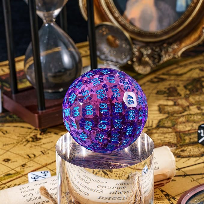 Upgraded D100 Die - 100 Sided Polyhedral Dice 50mm for D&D Games - Single Cube With Metal Storage Tin (T Purple/Blue Font)