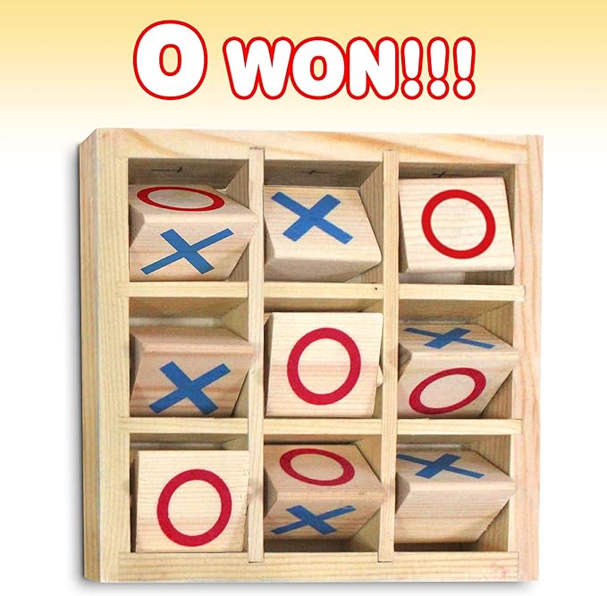 Gamie Wooden Tic-Tac-Toe Game, Small Classic Wood Travel Game for Kids with Fixed Spinning Pieces, Fun Indoor Night Activity for Boys and Girls