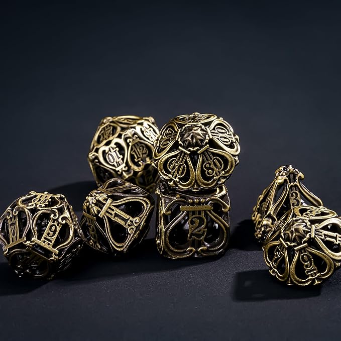 Cusdie 7-Die Metal Dice Set - Hollow Design with Bells - Crisp Sounding Gaming Dice in Tin Box - Perfect for Tabletop RPGs & Board Games(Ancient Bronze)