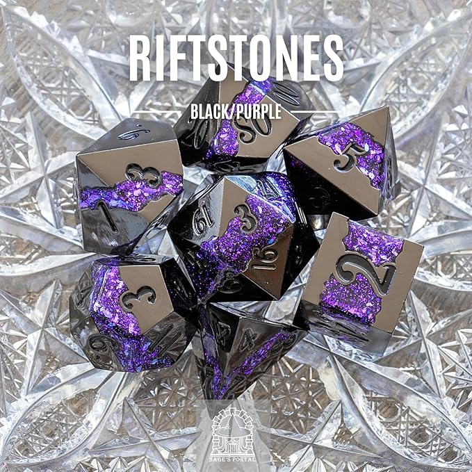 Sage's Portal Metal Riftstone DND Dice 7-PC Polyhedral Dice Set for DND TTRPG Dungeons and Dragons Pathfinder Oversized Designer Dice (Gloss Black/Purple)