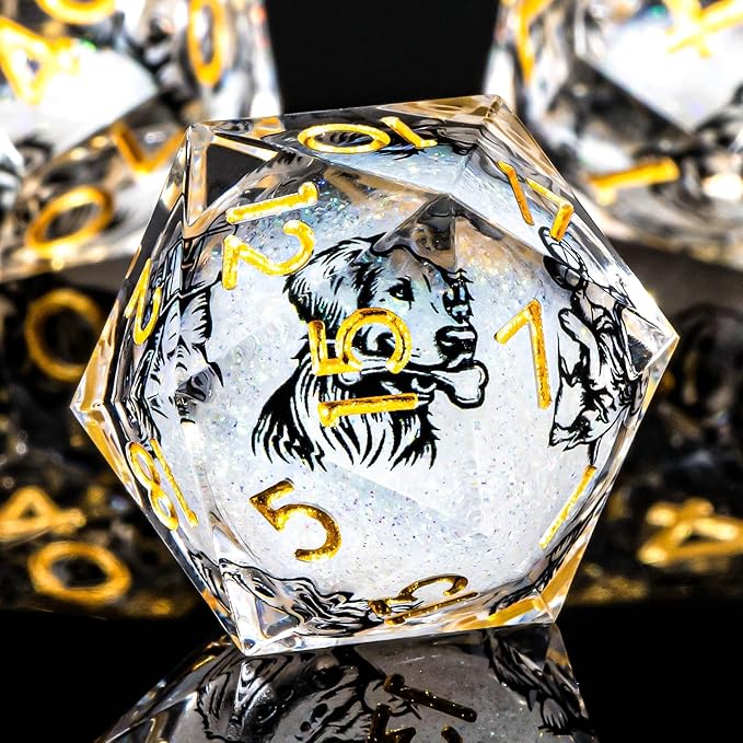 KERWELLSI Dog Liquid Core DND Dice Set with Gift Box, 7 Pcs Resin Sharp Edged Dice, Role Playing Dice D20 D12 D10 D8 D6 D4, White and Gold