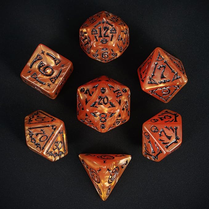 7-Die DND Dice Set Halloween Pattern Polyhedral Die Set with Leather Bag, Skull Dice D&D Die for Dungeons and Dragons RPG Table Games (Halloween Pattern-Orange/Black Number)