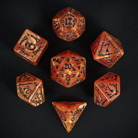 7-Die DND Dice Set Halloween Pattern Polyhedral Die Set with Leather Bag, Skull Dice D&D Die for Dungeons and Dragons RPG Table Games (Halloween Pattern-Orange/Black Number)
