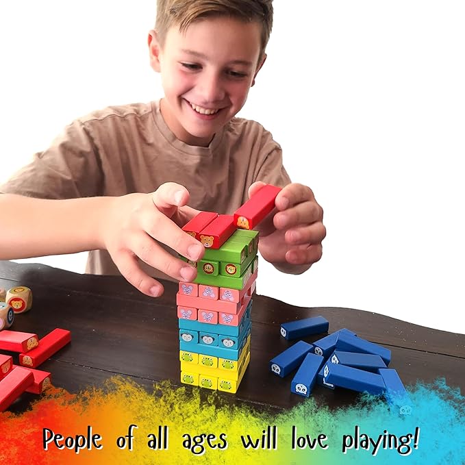 Stacking Tower Game - Dice & Stacking Cards Animal Edition - Mini Colorful Blocks - Multiple Ways to Play Family Game Night - Games for Kids and Adults