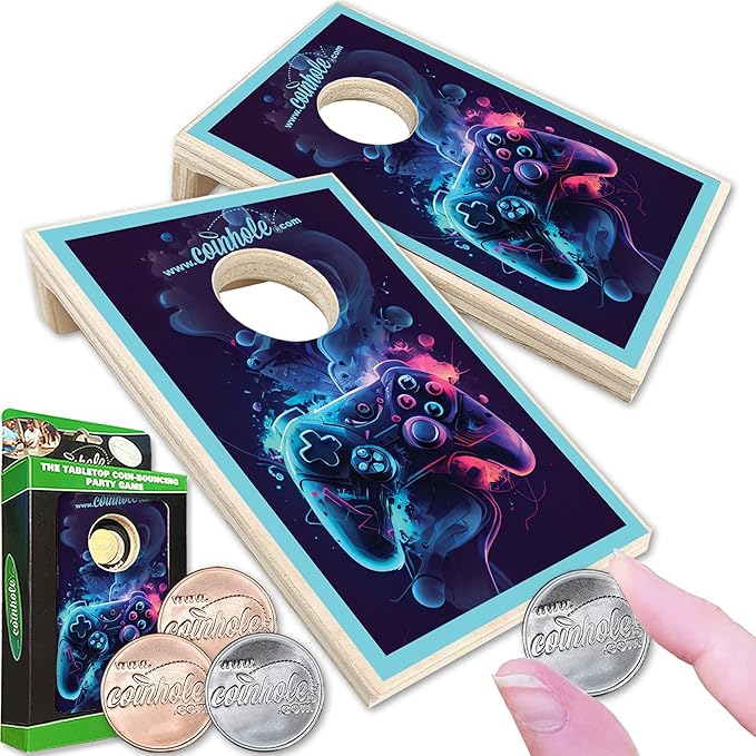 Desktop Coin Bouncing Party Set | Tabletop Cornhole Board | Small Travel Game Includes Coins