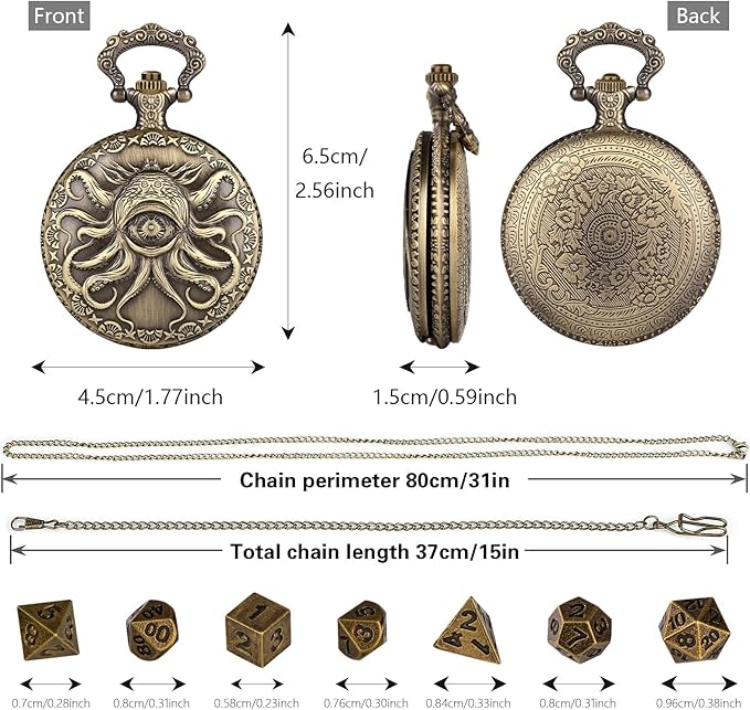 Mini DND Dice Set Steampunk One-Eye Octopus Pocket Watch Shell Case, 7-Piece Polyhedral Metal D&D Dice Set, DND Gifts with Gift Box, Role Playing Board Game Accessories Dice, Bronze