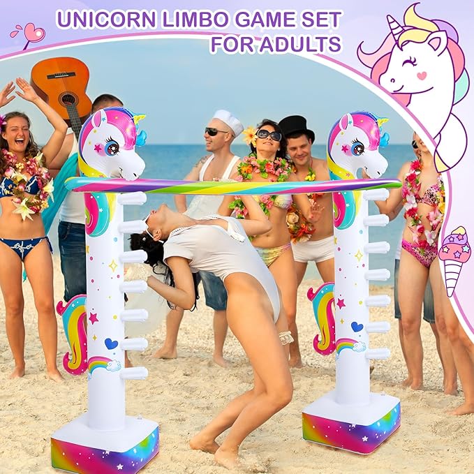Poen 63 Inch Unicorn Inflatable Limbo Game for Kids Adults Rainbow Unicorn Blow up Limbo Toy for Indoor Outdoor Holiday Girls Boys Fun Birthday Party Decor Carnival Field Day Pool Game