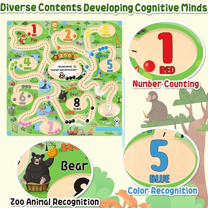 Zoo Adventure Magnetic Color and Number Maze Board Montessori Magnetic Maze for Kids Ages 3-5, Magnetic Color and Counting Maze Toy, Wooden Puzzle Activity Board