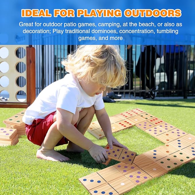 GSE Games & Sports Expert Jumbo Wooden Dominoes with Multi-Color Dots, 28 Piece 10" x 5" Dominoes Game Set with Storage Bag for Home, Yard